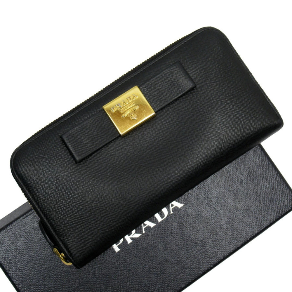 Prada Round Zip Long Wallet Nero Black Gold Saffiano Leather